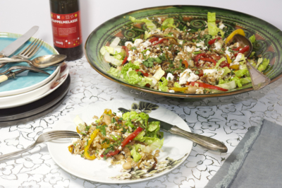 Salade van gebakken groenten, farro en feta